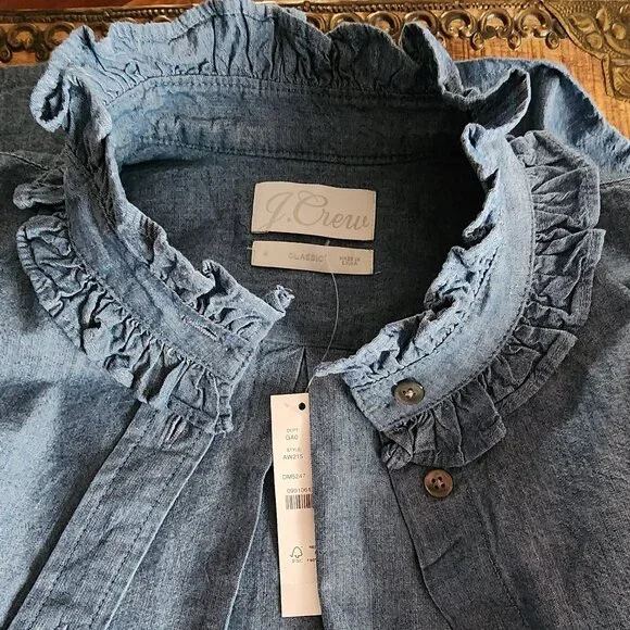 J. CREW Classic-fit Ruffleneck Chambray Shirt Size 4 - Picture 7 of 11